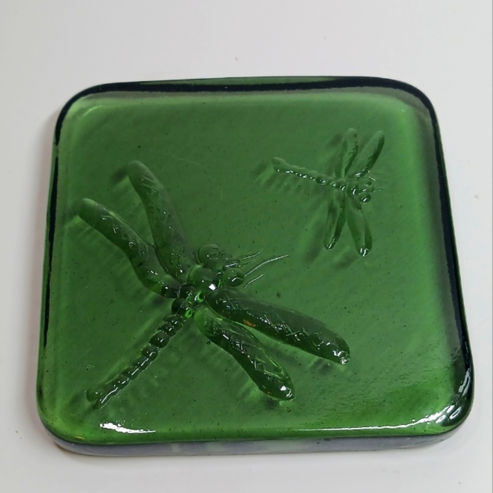 Dragonfly Pillar Candle Holder Smoky Gray Green Glass Tile 4.25"